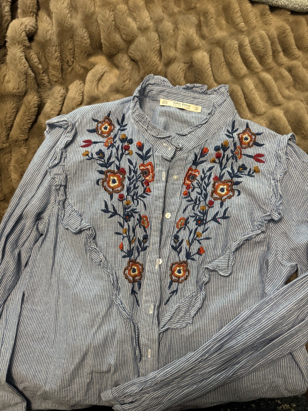 Zara Blue White Striped Button-Down Shirt with Floral Embroidery